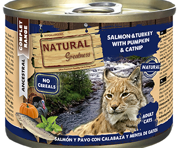 Natural Greatness salmón con pavo, calabaza y menta de gatos
